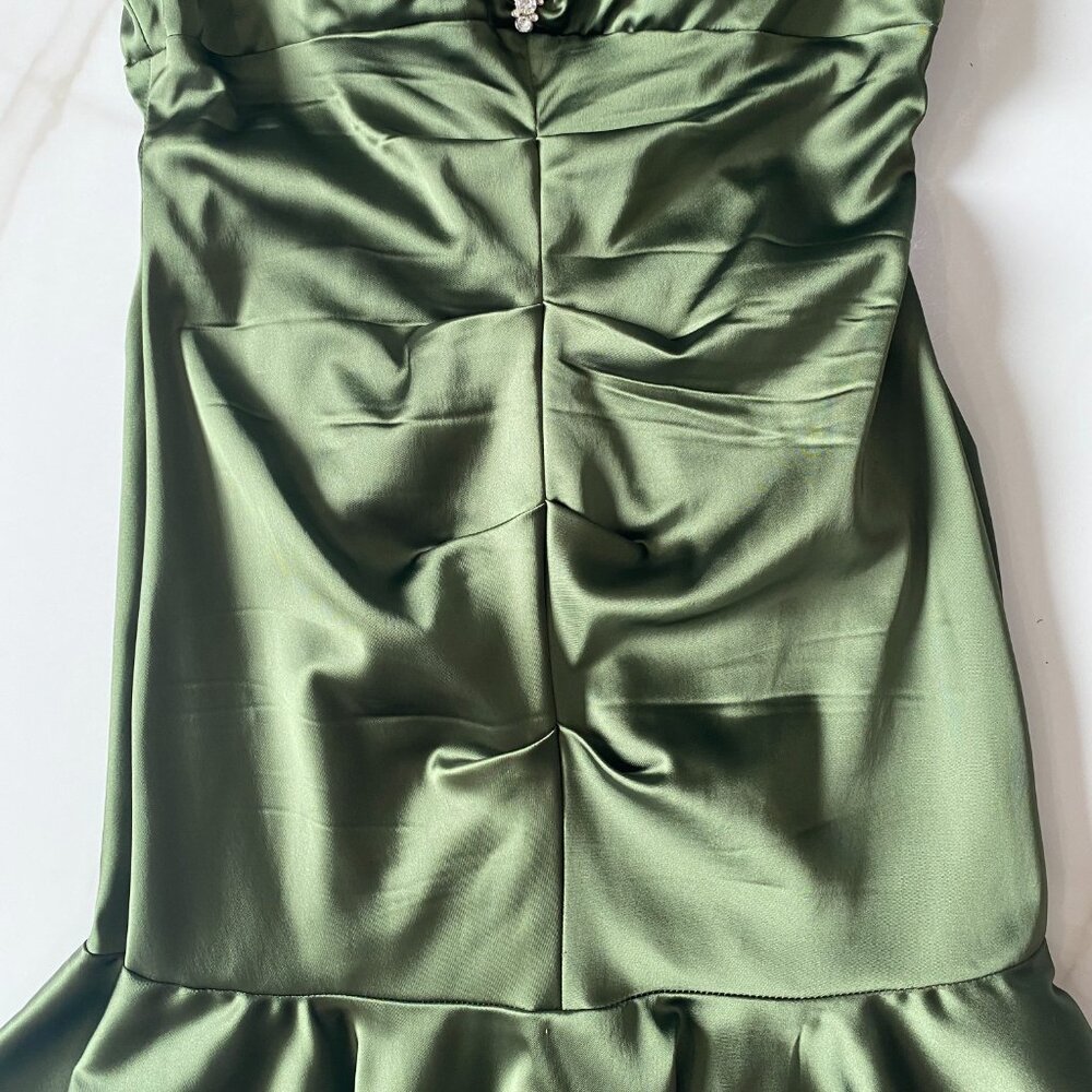 Xscape Petite 14P Satin Olive Green Mermaid Cocktail Dress Jeweled Spaghetti - Picture 3 of 10